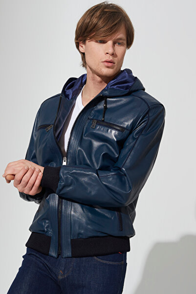 ZanDeri Hooded Zippered Knitwear Genuine Leather