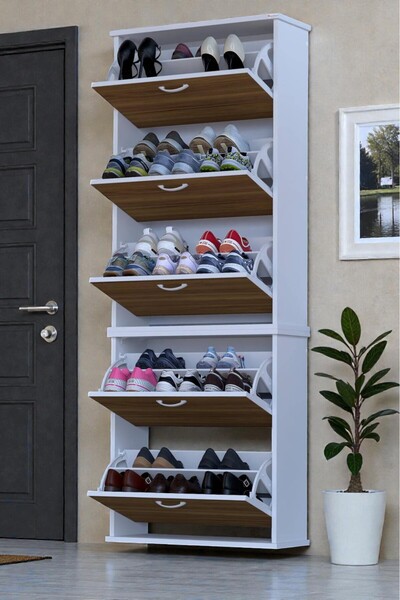 Eliusta Sho Beş Düşer Kapaklı Ayakkabılık Ceviz Renk 72 cm Asma 72x193x26 cm Ayakkabılık