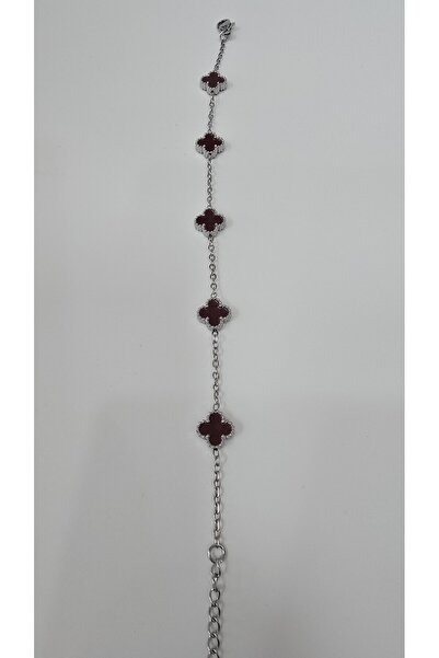 NO NAME Paslanmaz Çelik Mor Taşlı Gümüş Renk Çift Taraflı Yonca Bileklik