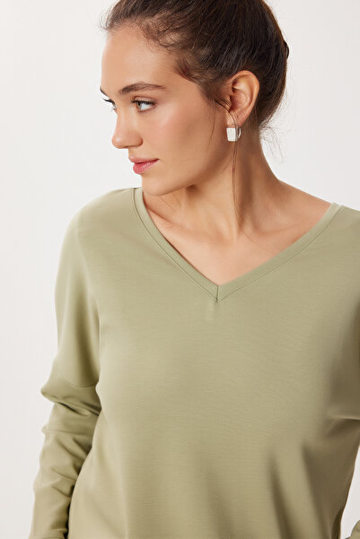 Lovelyİstanbul Front Back V-Neck Modal Blouse Lby0032 Olive Green