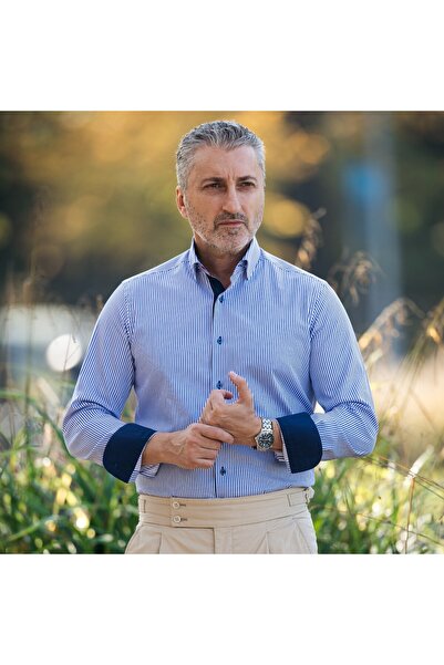 Merer Men's blue striped shirt with trims Slim Fit