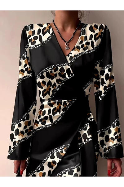 GENCULUS Women's Long Sleeve Double Breasted Collar Asymmetrical Detail Mini Modal Dress