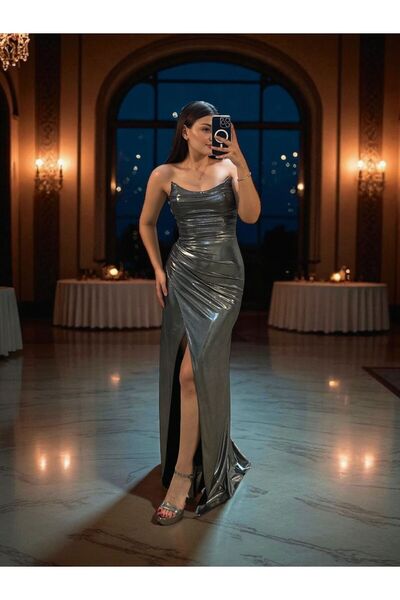 OLA Liva Parlak Kumaşlı Gümüş Renk Abiye Elbise