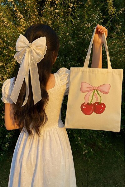 NO 601 Дамска торбичка от суров лен с принт на череши