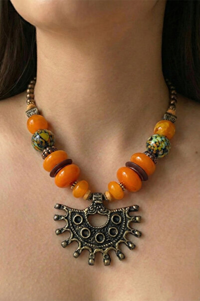 lumosart Bohem Stil Antik Esintili Turuncu Cam Boncuklu Özel Tasarım Kolye – ...