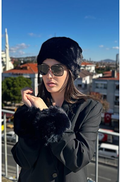 Mollycrush Peluş Kürklü Siyah Şapka ve Bileklik Seti | Kışlık Sıcak