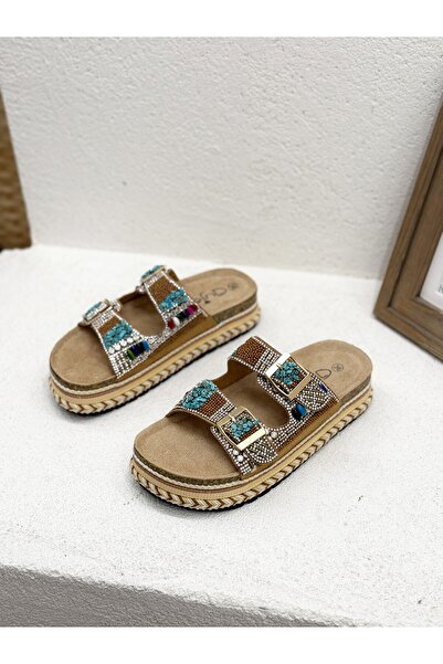 Guja 25Y103 TAŞLI TOKALI 4CM DOLGU TABAN TERLİK KADIN
