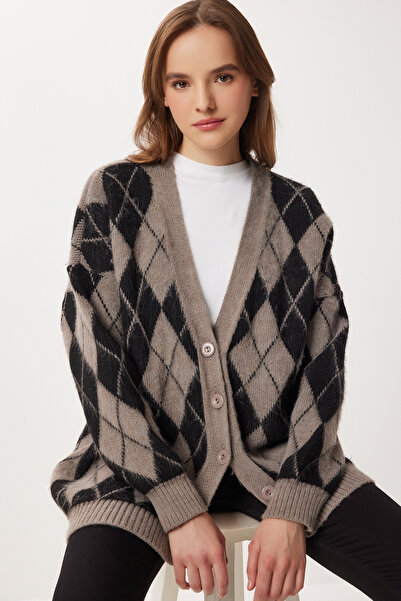 Lovelyİstanbul Baklava Patterned Furry and Wool Effect Knitwear Cardigan Lxa0029 Mink Black