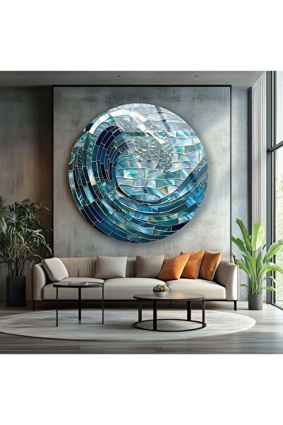 myphotostation Okyanus Dalgası Mavi Mozaik Yuvarlak Kırılmaz Cam Duvar Tablos...