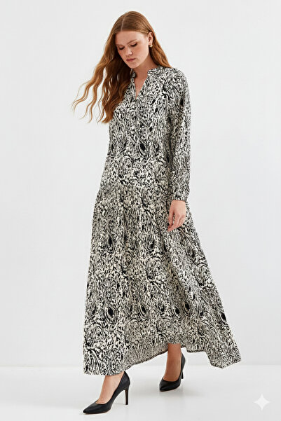 ribana Women's Long Stylish Patterned Buttoned Dress with Ankle Elastic Detail