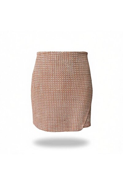 Eight Fashion Women's Tweed Textured Orange Checkered Zippered Shorts Skirt