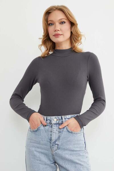 Fulla Moda Ribbed High Neck Snap Fastener Bodysuit