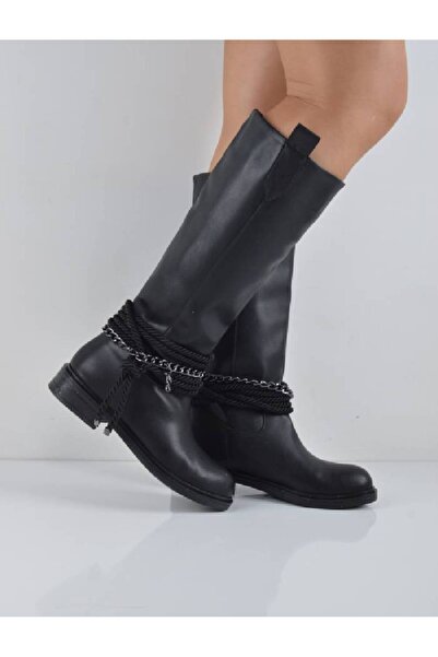 Şanslı Ayakkabıcılık Black Leather Flat Heel Chain Tied Long Boots