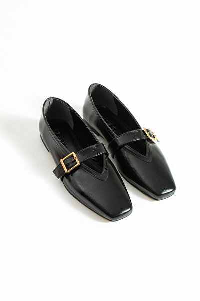 RevanStep Kadın Mary Jane Babet - Kare Burun Altın Tokalı Konforlu İç Taban B...