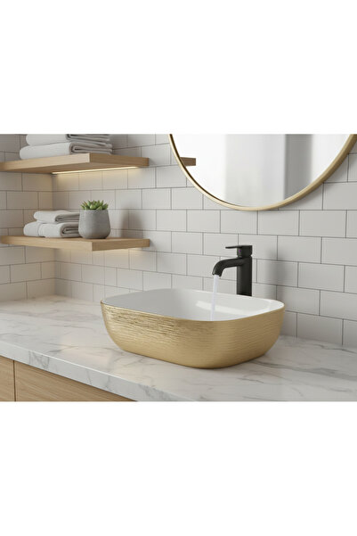 EMFA AKSESUAR Gold-Altın Desenli Tezgahüstü Çanak Lavabo 45,5x32x13,5 - Gold İçi Beyaz Lavabo Taşı