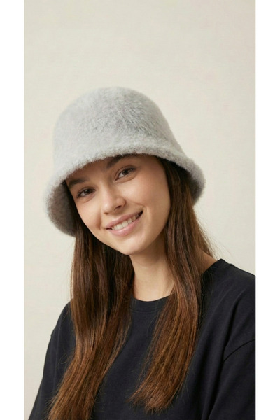 FATELLA Women's Grey Plush Bucket Hat - Winter Warm Soft Textured Furry Hat