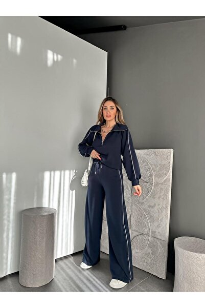 Zerrincan Giyim Lacivert Yakası Fermuarlı Biyeli Modal Takım