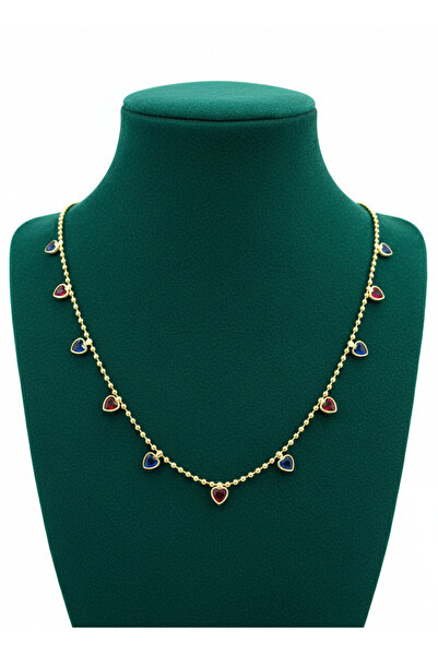 BB Shine Renkli Kalp Figürlü Top Zincir Kolye | Mavi Kırmızı Taşlı Zarif Gümü...