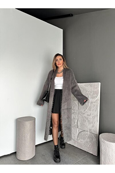 Zerrincan Giyim Gri Uzun Tüylü Maxi HIrka