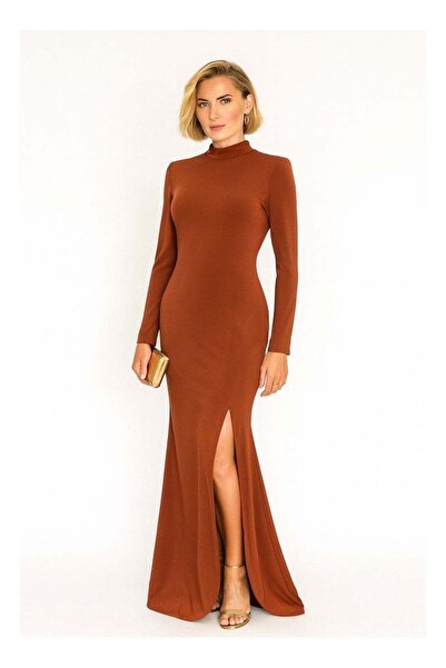 Influence Germany - Stylish rust-colored long-sleeve maxi dress with mock nec...