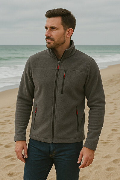 LUXIC CORE Men's Dark Gray Zippered Fleece Coat – Mock Neck , with Pockets, Casual & Outdoor Use
