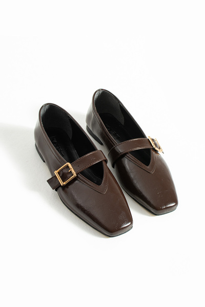 RevanStep Kadın Mary Jane Babet - Kare Burun Altın Tokalı Konforlu İç Taban B...