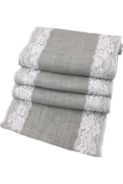 Generic مفرش طاولة بتفاصيل من الدانتيل رمادي/أبيض 30x180 سم