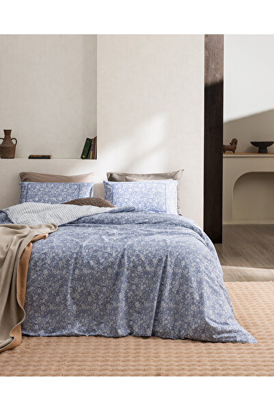 Madame Coco Mila Double Size 100% Cotton Embroidered Washable Duvet Cover Set - Blue