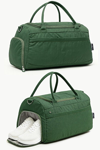 KAFF Khaki Crinkle Fabric Sports and Travel Bag with Shoe Compartment 00818, Front Pocket, Waterproof Shoulder Strap