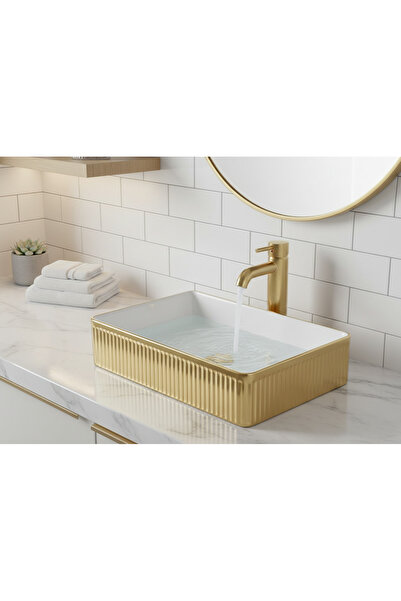 EMFA AKSESUAR Gold Çizgili Çanak Tezgahüstü Lavabo 50x34x13 - Altın Renk Çizgili Premium Lavabo Taşı