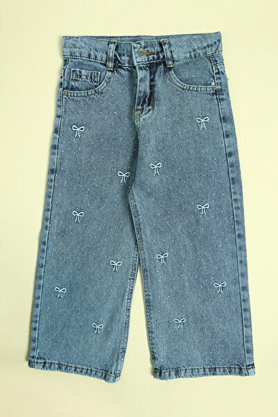 Fulla Moda Beli Ayarlanabilir Nakışlı Taşlı Kız Çocuk Palazzo Pantolon