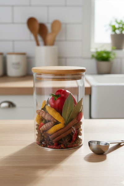 PERİNUVİA Borosilikat Cam Baharat ve Kuruyemiş Kavanozu Bambu Kapaklı, Sızdırmaz 10 x 6.5 ölçü 2 Adet