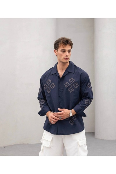 Yeblin Oversized Shirt Four Leaf Navy Blue