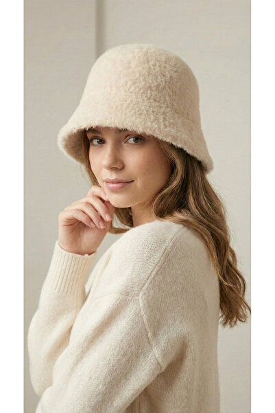 nacar çarşı Kadın Krem Peluş Bucket Şapka - Kışlık Sıcak Tutan Yumuşak Dokulu...