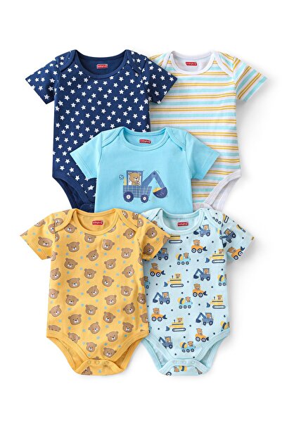 Babyhug 100% Cotton Knit Half Sleeves Onesies with Bear Print (Pack Of 5) - Multicolor