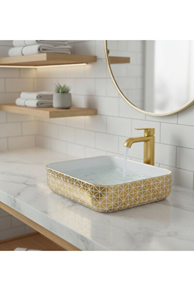EMFA AKSESUAR Gold Desenli Tezgahüstü Çanak Lavabo 50x40x13,5 - Altın Renk De...