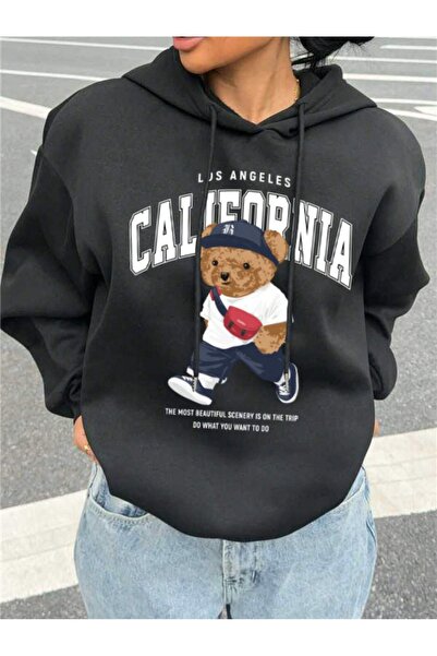 WESTİMO Women's Black California Bear 3 Thread O Oversized K Hooded Hoodie Sw...