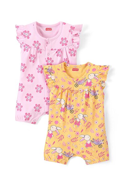 Babyhug جمبسوت قطني 100% بأكمام قصيرة مطبوع عليه زهور وأرانب (عبوة من قطعتين)...