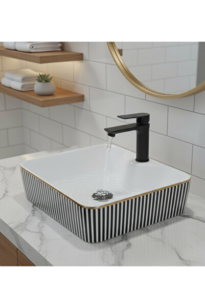 EMFA AKSESUAR Siyah Çizgili Tezgahüstü Çanak Lavabo 48x37x13 - Siyah Çizgili ...