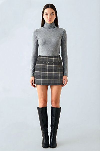 LA PANTE Shorts Skirt Women's Skirt with Shorts Mini Plaid Metal Buckle Belted Zippered Anthracite Plaid Fabric