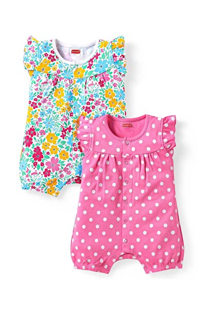 Babyhug جمبسوت قطني 100% بأكمام مكشكشة، بنقشة منقطة وزهرية (عبوة من قطعتين) -...