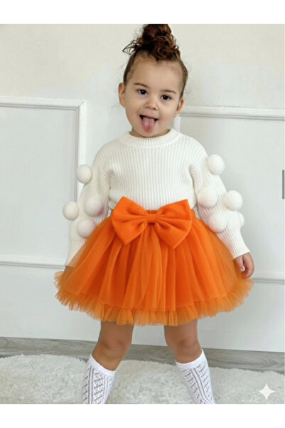 kokosh _ kidss burcu sapmaz Girl's Orange Tutu Skirt and Pompom Sweater Set