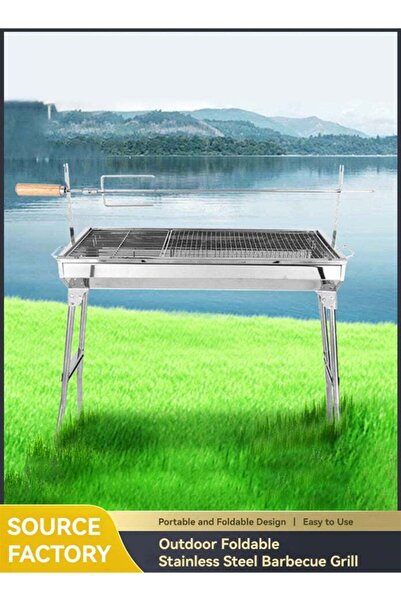 Generic Stainless Steel Charcoal BBQ Grill with Rotisserie Spit, Portable, Heavy Duty Foldable Legs