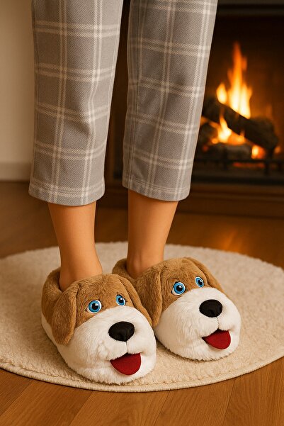 LeylArt Dog-Shaped Plush Slippers - Plush, Unisex Slippers, Warm House Slippers, Comfortable Casual Slippers