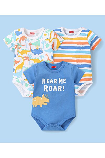 Babyhug 100% Cotton Knit Half Sleeves Onesies With Animal Print Pack of 3 - M...