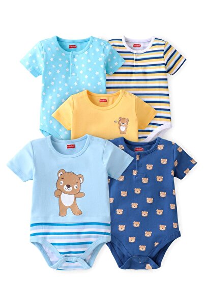 Babyhug 100% Cotton Knit Half Sleeves Onesies Stripes & Bear Print (Pack Of 5) - Multicolor