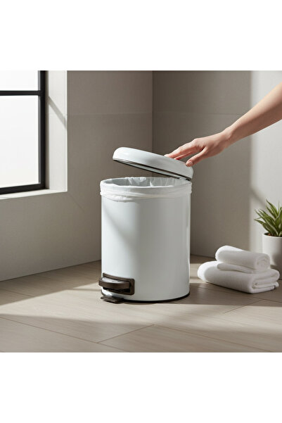 İSAOĞLU YAPI سلة المهملات البيضاء مع دواسة إغلاق بطيء، مصنوعة من الفولاذ المقاوم للصدأ باللون الأبيض غير اللامع