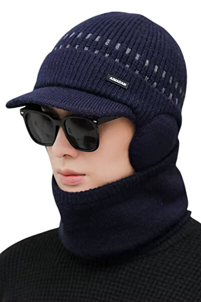 EFAYN.RO Two-piece set, men's hat with matching scarf, warm, standard, dark b...