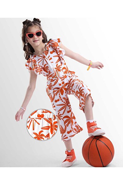 Ollington St. Looper Knit Frill Sleeves Jumpsuit With Tropical Print - Orange...