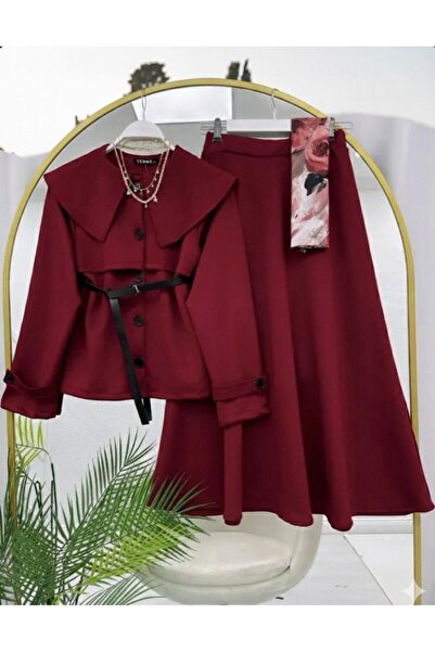 modasindoma Women's Vintage Collar Belted Two-Piece Suit